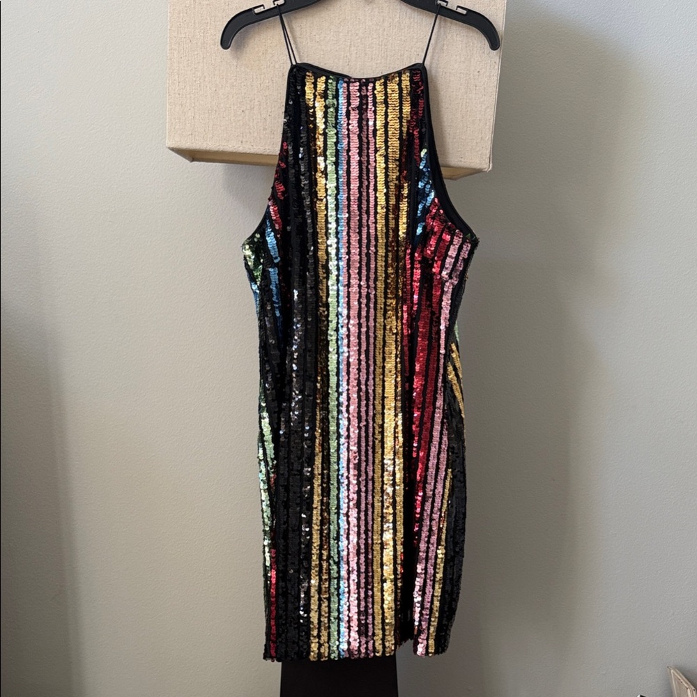 Aqua Multicolor Striped Sequin Backless Dress